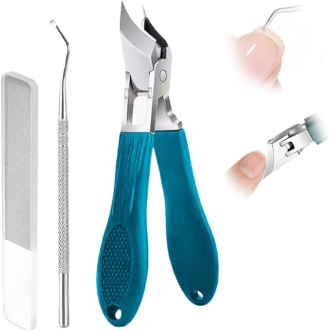 Splashproof 25° Beveled Edge Nail Clippers 3-Piece Set, New Long Handle Wide Jaw Opening Anti-Splash Slanted Nail Clipper for Thick and Ingrown Nails,Includes Nail File for Complete Nail Care (Blue)