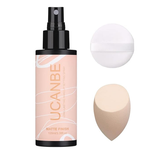UCANBEMAKEUP Long Lasting Makeup Setting Spray Kit - 3.38 Fl oz Super Matte Finish Setting Mist Lightweight Face Make up Fixer for Oily Skin + 1PC Sponge Puff + 1PC Powder Puff