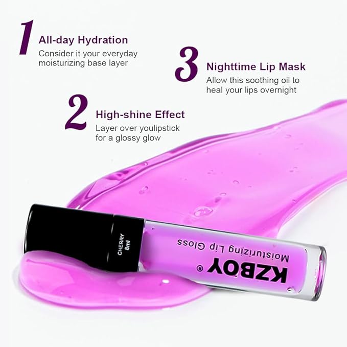 KZBOY Lip Gloss Hydrating Lip Oil Cherry Scented 8ml Moisturizing Lip Gloss for Dry Lips High Shine Smooth Finish Clear Purple Shade (Cherry)