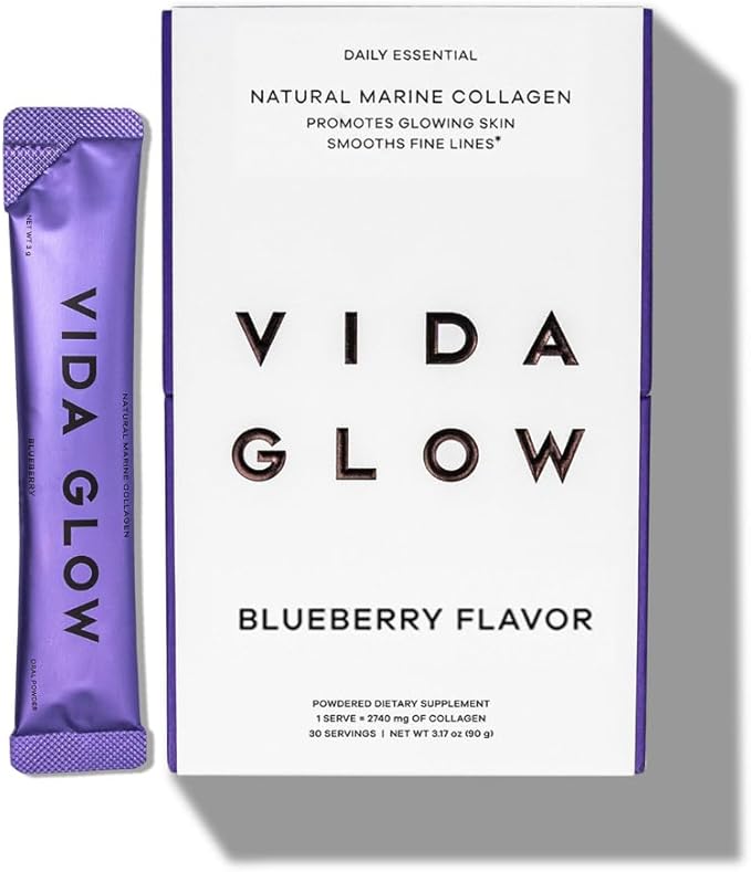 Vida Glow Marine Collagen Powder - Anti Aging Supplement with Collagen Peptides, Promotes Glowing Skin, Strong Nails, Healthy Hair | 30 Servings, Original Flavor (One Size, Blueberry)