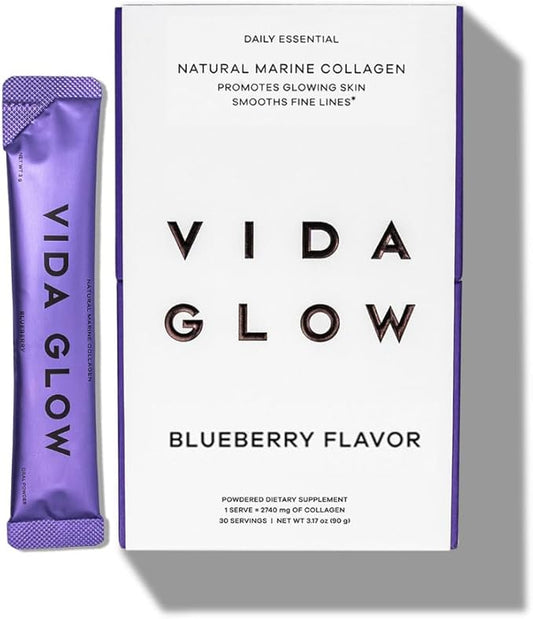 Vida Glow Marine Collagen Powder - Anti Aging Supplement with Collagen Peptides, Promotes Glowing Skin, Strong Nails, Healthy Hair | 30 Servings, Original Flavor (One Size, Blueberry)