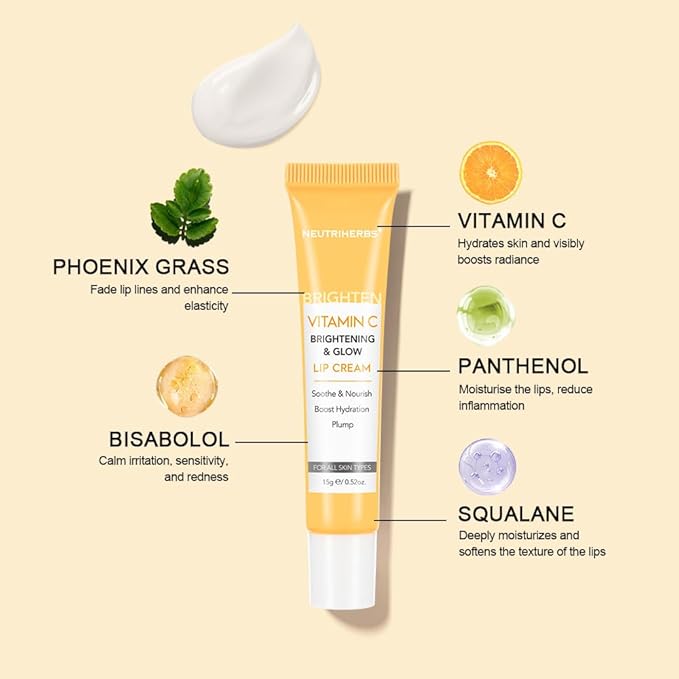 NEUTRIHERBS Lip Cream, Vitamin C Lip Balm to Nourish and Soothes Dry, Cracked Lips,Repair Chapped Lips with Squalane, Portable Lip Treatment - 0.52oz