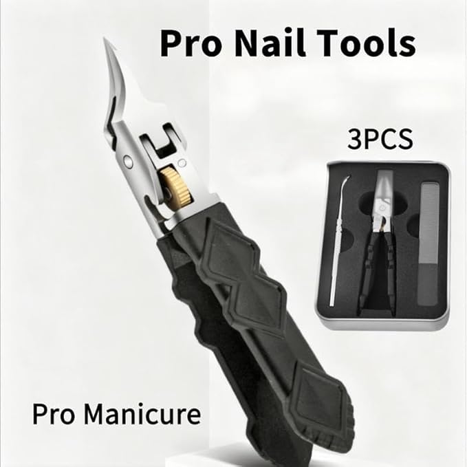 Black Anti-Slip Grip Gear Lock Nail Clipper Set with Ultra-Sharp Tips for Precise Access to Nail Grooves, Pro Nail Tools Eagle Beak Angled Nail Clippers 3-Piece Set (Black-A)