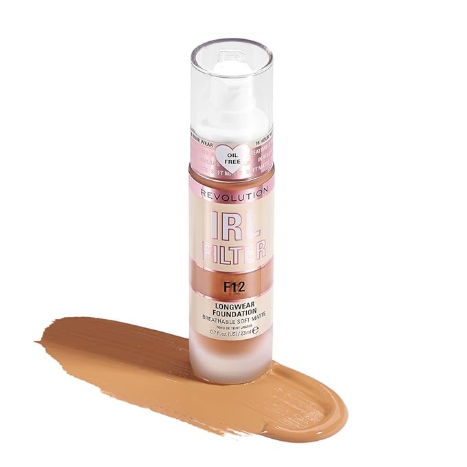 Revolution, IRL Filter Longwear Foundation, Soft & Breathable Formula, Medium to Full Coverage, Matte Finish, F12, 0.7 fl oz