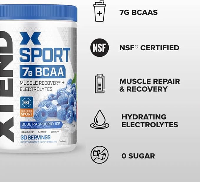 XTEND Sport BCAA Powder Blue Raspberry Ice - Electrolyte Powder for Recovery & Hydration with Amino Acids - 30 Servings