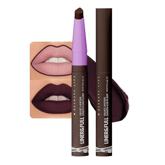 2-IN-1 Lipstick Lipliner, Velvet Matte Finish, Smooth & Plump, 12 Universal Lip Color-Nude Pink Rose Mauve Berry Plum, Creamy Formula for Lip Makeup, All-Day Wear, Cruelty-Free (#12 CHARCOAL VELVET)