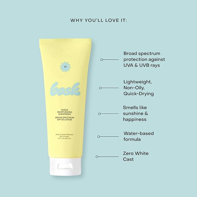 Bask Suncare SPF 30 Sheer Moisturizing Sunscreen Lotion - Broad Spectrum UVA/UVB Protection, Dermatologist Recommended, Hydrating, Lightweight & Non-Greasy, No White Cast, Travel Size, 3.4 fl oz