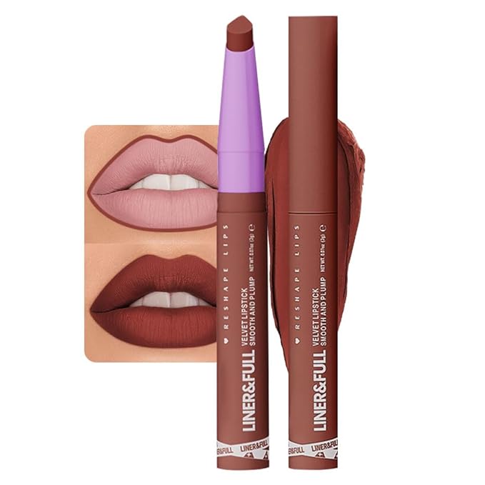 2-IN-1 Lipstick Lipliner, Velvet Matte Finish, Smooth & Plump, 12 Universal Lip Color-Nude Pink Rose Mauve Berry Plum, Creamy Formula for Lip Makeup, All-Day Wear, Cruelty-Free (#08 MAPLE BRICK)