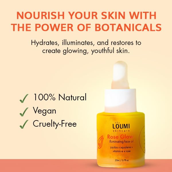 LOUMI Skincare RoseGlow Face Oil | Lightweight Botanical Facial Oil for Hydration & Radiance | Helps Nourish Smooth & Soften Skin | Rosehip & Jojoba Inspired Blend | Vegan, Cruelty-Free 20ml