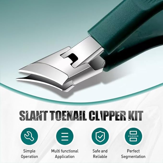 Splashproof 25° Beveled Edge Nail Clippers 3-Piece Set, New Long Handle Wide Jaw Opening Anti-Splash Slanted Nail Clipper for Thick and Ingrown Nails,Includes Nail File for Complete Nail Care (Green)