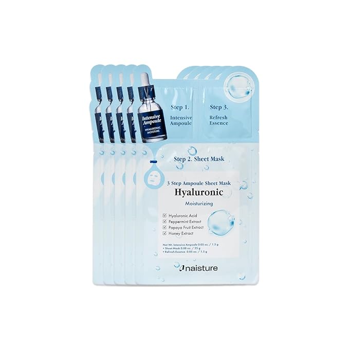 Naisture 3 Step Ampoule Hydrating Sheet Mask Set for Skin Elasticity, Smoothing, and Moisture. Korean Skincare Kit with Ampoule, Mask, and Essence (5 pcs) (Hyaluronic Acid)