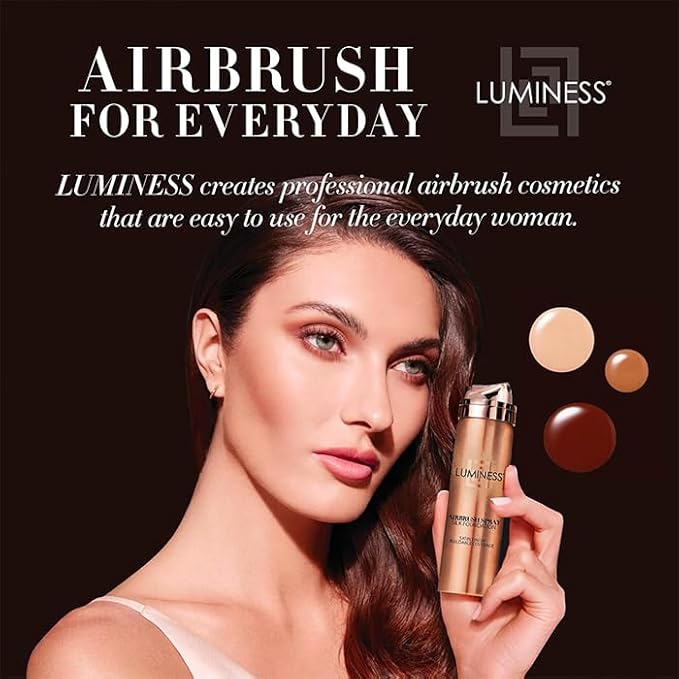 LUMINESS Silk Airbrush Spray Foundation & Buffing Brush Kit – Full Coverage Foundation & Dual-Sided Buffing Brush - Buildable Coverage, Anti-Aging Formula Hydrates & Moisturizes (Shade - Deep Rich)