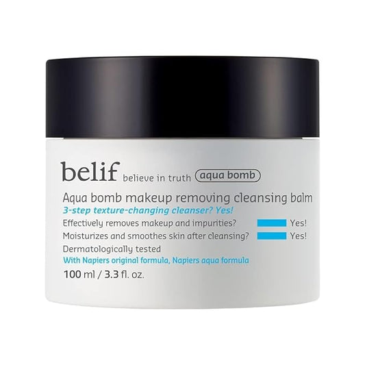 belif Aqua Bomb Cleansing Balm Makeup Remover, Hydrate & Deep Cleanse in 1 Step, Melt Away Makeup & SPF, Balm to Oil Cleanser Formula, No Oily Residue, Korean Skin Care (3.3 fl.oz., New Formula)
