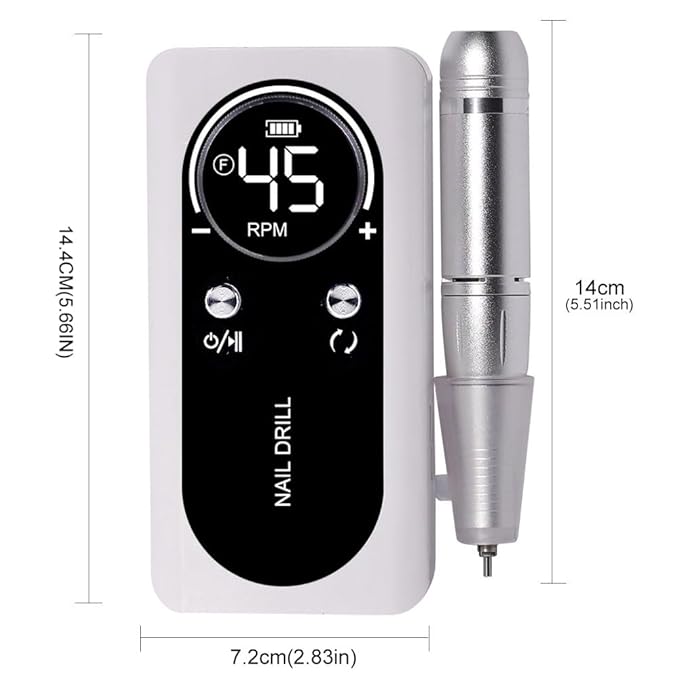 ANRLO Professional Electric Nail Drill, 45000 RPM Cordless Rechargeable E-File Machine, with 12 Bits, Sanding Bands, LCD Display for Acrylic Gel Nails (DMJ-V2-USB-White)