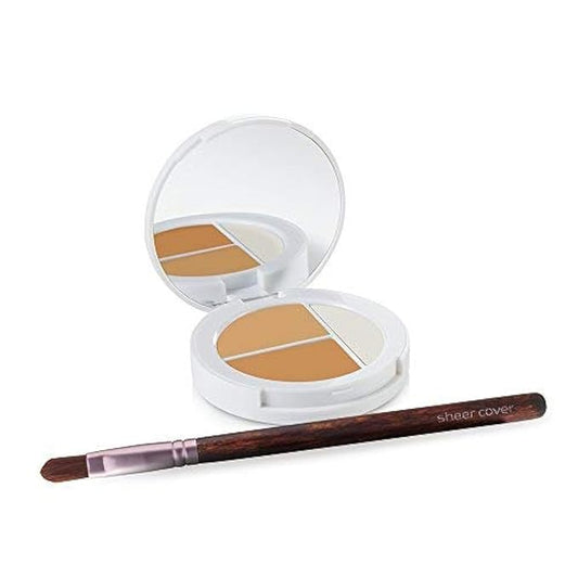 Sheer Cover Studio – Conceal and Brighten Highlight Trio – Two-Toned Concealers – Shimmering Highlighter – Medium/Tan Shade – With FREE Concealer Brush – 3 Grams