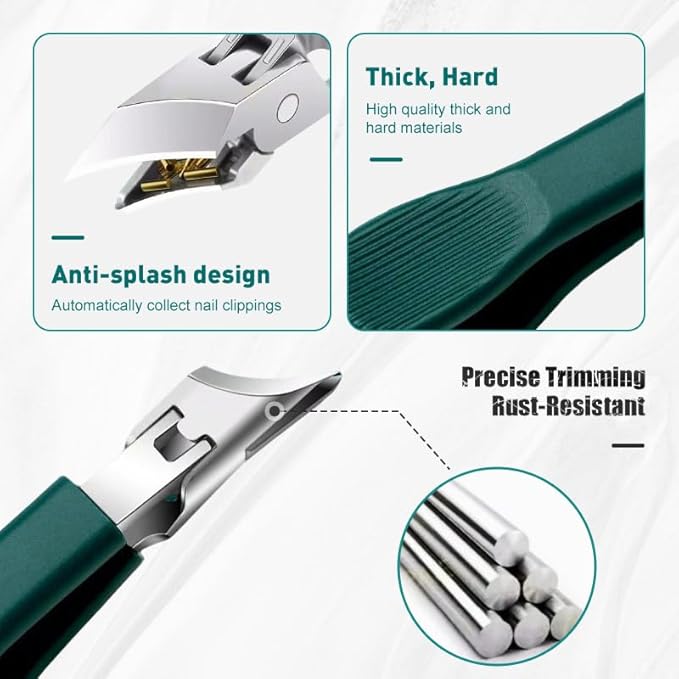 Splashproof 25° Beveled Edge Nail Clippers 3-Piece Set, New Long Handle Wide Jaw Opening Anti-Splash Slanted Nail Clipper for Thick and Ingrown Nails,Includes Nail File for Complete Nail Care (Green)