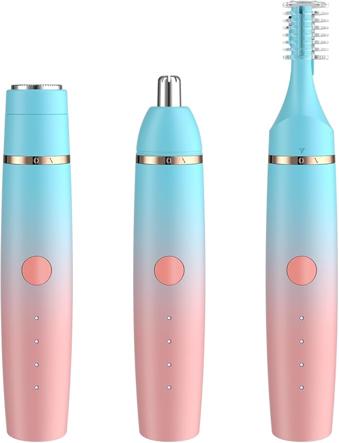 Erkot Nose Hair Trimmer for Men and Women, Eyebrow Trimmer, Electric Shaver Razor 3 in 1, Portable, Waterproof and Rechargeable for Ears, Face, Legs (Blue Pink)