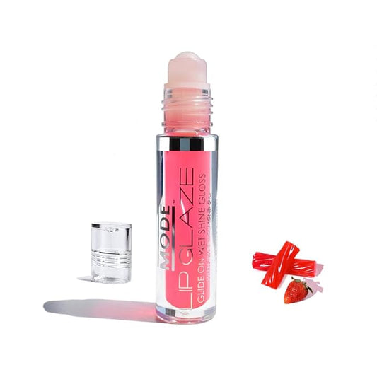MODE Lip Glaze Flavored Lip Gloss STRAWBERRY CANDY Delicious Flavor, Roll On Sweet Wet Nourishing Shine, Hydrating Moisturizing Natural Skincare Fruit Oils, Made in NY USA