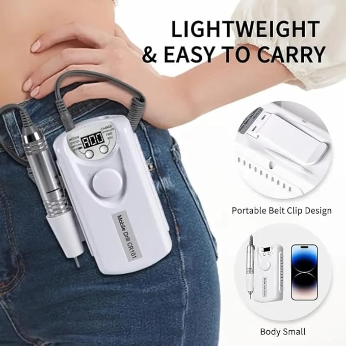 ANRLO Professional Electric Nail Drill, 45000 RPM Cordless Rechargeable E-File Machine, with 12 Bits, Sanding Bands, LCD Display for Acrylic Gel Nails (DMJ-101-White-USB)