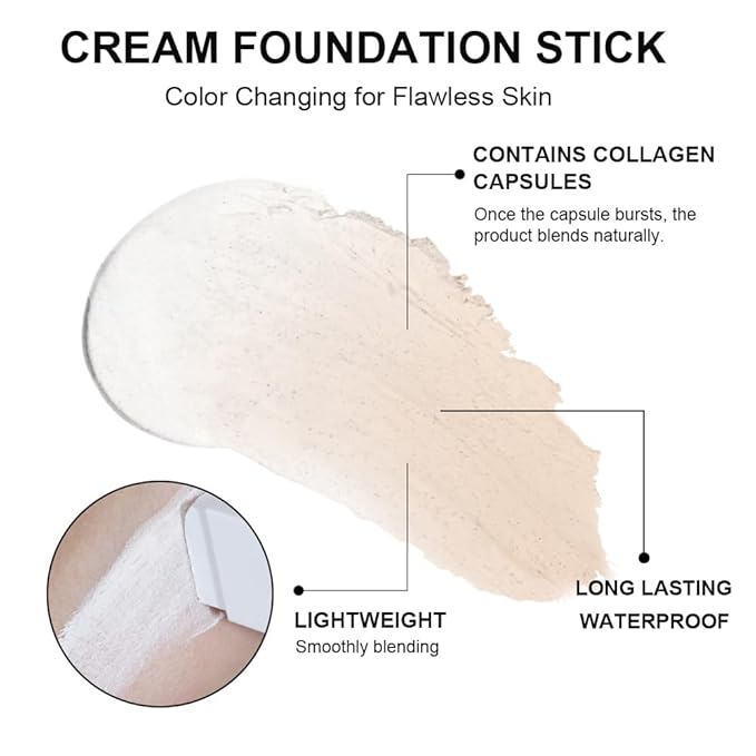 Color-Changing Foundation Stick with Brush for Women, Medium Coverage Lightweight Matte Finish Long Lasting Cream Foundation Makeup Stick for Concealer and Color Correction, 0.46 oz (#5 Tan)