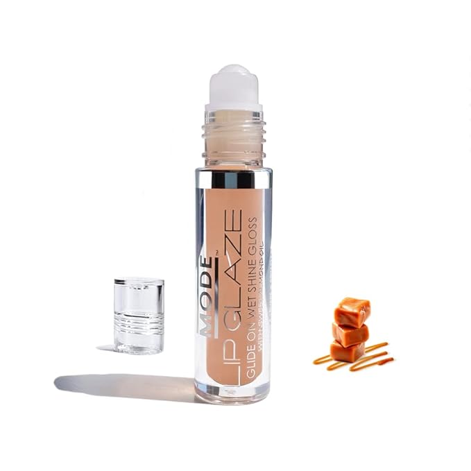 MODE Lip Glaze Flavored Lip Gloss CREME CARAMEL Delicious Yummy Flavor, Roll On Sweet Wet Nourishing Shine, Hydrating Moisturizing Natural Skincare Fruit Oils, Made in NY USA