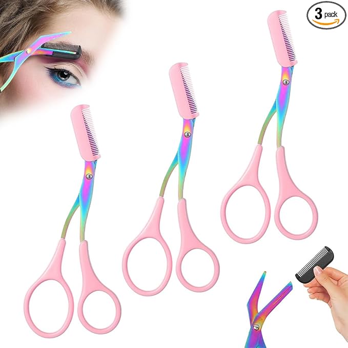 2 in 1 Eyebrow Scissors with Comb, Precision Stainless Steel Eyebrow Trimmer Cutter, Non-Slip Grooming Scissors for Men & Women, Portable Facial Hair Removal Makeup Tool (Pink, 3Pcs)