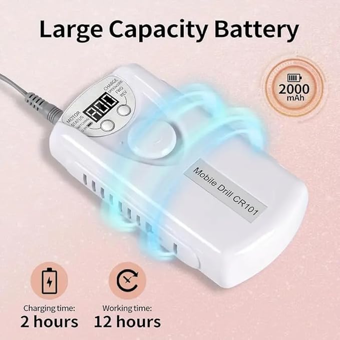 ANRLO Professional Electric Nail Drill, 45000 RPM Cordless Rechargeable E-File Machine, with 12 Bits, Sanding Bands, LCD Display for Acrylic Gel Nails (DMJ-101-White-USB)
