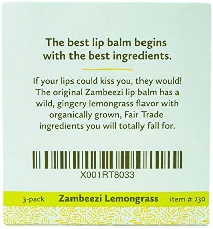 ZAMBEEZI Organic, Fair Trade Beeswax Lip Balm - Lemongrass 3 Pack - Ethically Sourced