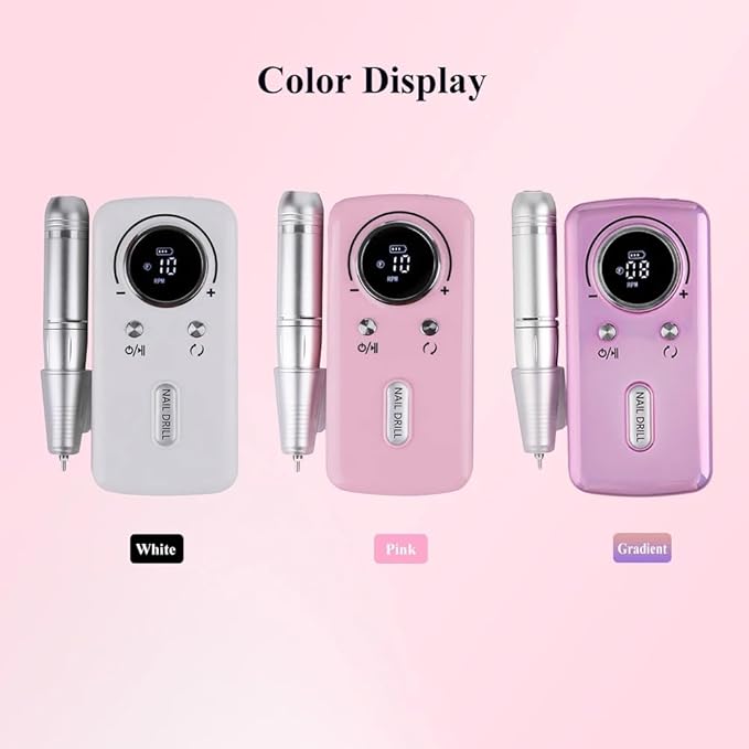 ANRLO Professional Electric Nail Drill, 45000 RPM Cordless Rechargeable E-File Machine, with 12 Bits, Sanding Bands, LCD Display for Acrylic Gel Nails (DMJ-V1-Pink)