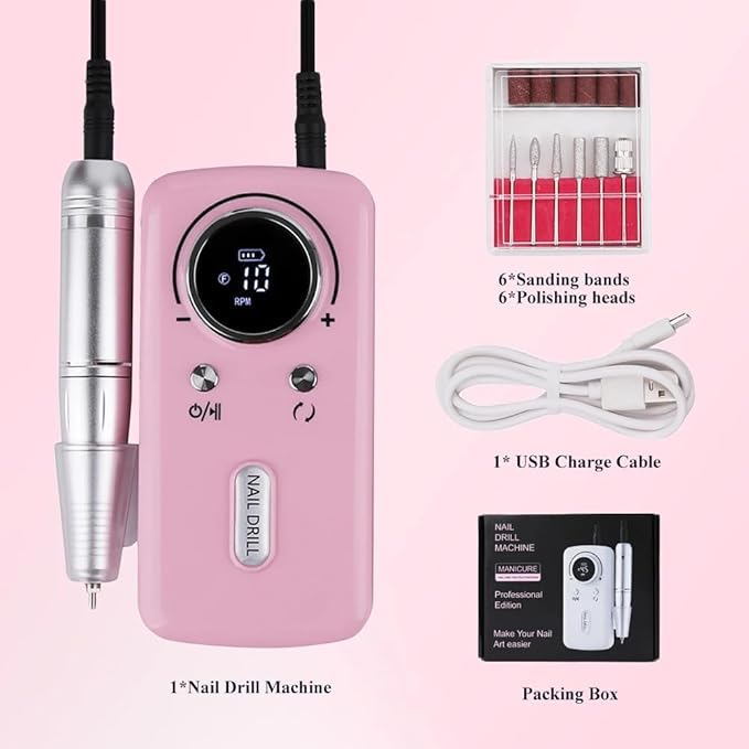 ANRLO Professional Electric Nail Drill, 45000 RPM Cordless Rechargeable E-File Machine, with 12 Bits, Sanding Bands, LCD Display for Acrylic Gel Nails (DMJ-V1-Pink)