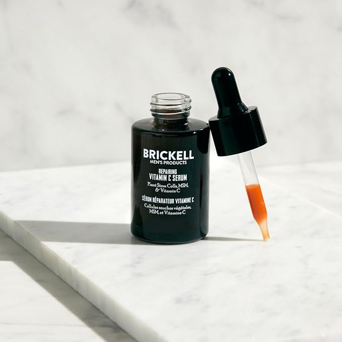 Brickell Men's Anti Aging Vitamin C Serum For Face, Repairing Night Facial Serum for Men, Natural and Organic Hyaluronic Acid Serum For Face to Diminish Wrinkles and Reduce Redness, 1 Ounce, Unscented