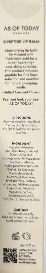 AS OF TODAY R Peptide Lip Balm | Salted Caramel Hydrating Lip Treatment | Hyaluronic Acid + Peptide Glossy Balm | Plumping Moisturizing for Dry Lips | Clean Beauty Formula | 0.35 oz Tube