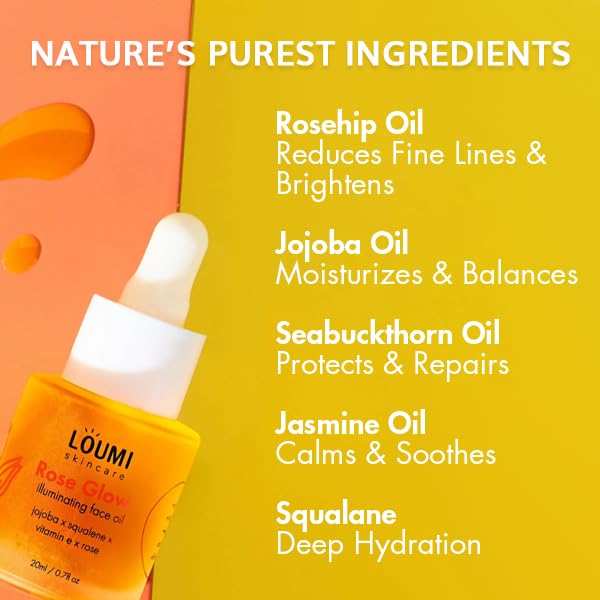 LOUMI Skincare RoseGlow Face Oil | Lightweight Botanical Facial Oil for Hydration & Radiance | Helps Nourish Smooth & Soften Skin | Rosehip & Jojoba Inspired Blend | Vegan, Cruelty-Free 20ml