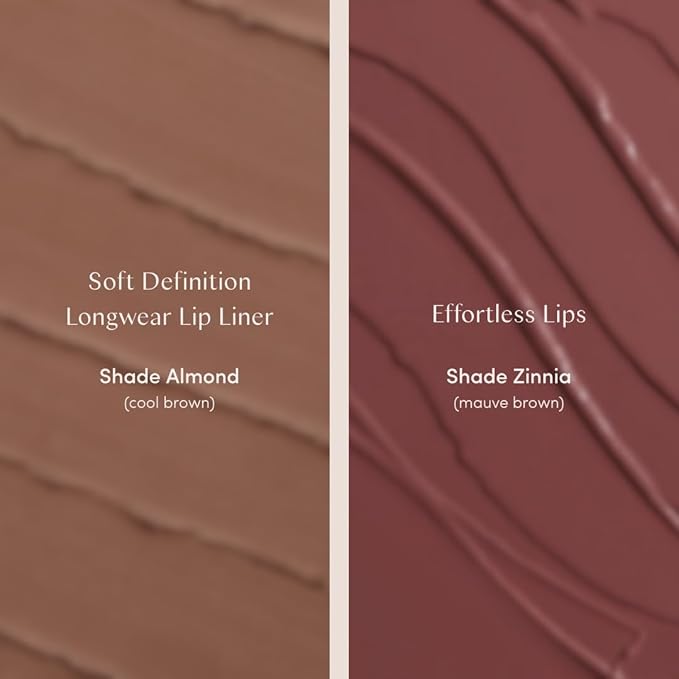 Everyday Neutral Lip Combo - Longwear Soft Definition Lip Liner (Almond) + Hydrating Effortless Lips Balm-Lipstick-Gloss Hybrid (Zinnia) for Natural, Mauve-Brown “Your Lips But Better” Look — Creamy,