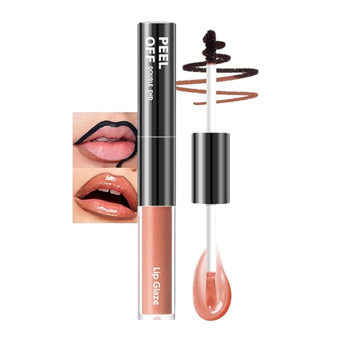 Peel Off Lip Liner & Gloss – Long-Lasting Smudge-Proof Caramel Nude Lip Tint & Lip Stain Liner with Hydrating High Shine Gloss for Defined, Fuller Nude Lips – Waterproof Soft Glam Lip Makeup