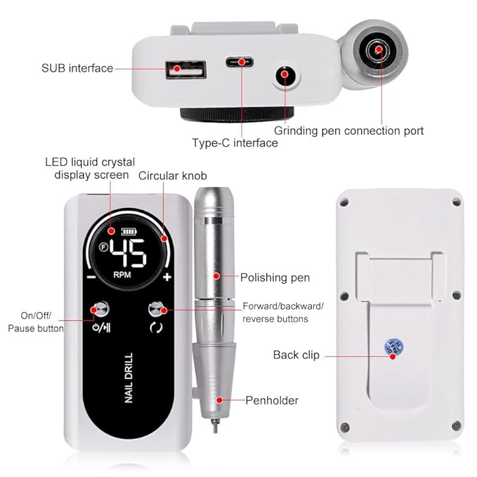 ANRLO Professional Electric Nail Drill, 45000 RPM Cordless Rechargeable E-File Machine, with 12 Bits, Sanding Bands, LCD Display for Acrylic Gel Nails (DMJ-V2-USB-White)