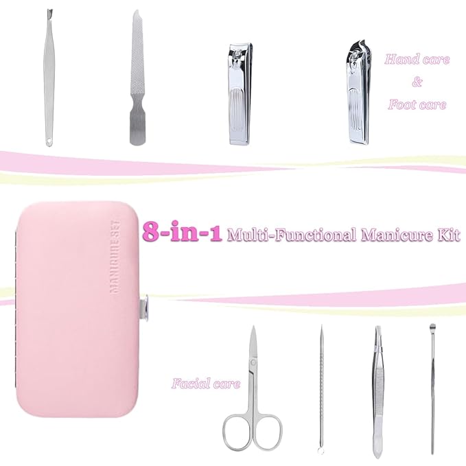 Nail Clippers Set, Manicure Grooming Care Tools Kit: Fingernail Clipper & Toenail Pedicure Cutter, Mini Nail Trimmer Kit with Travel Case Gifts for Women (Pink)