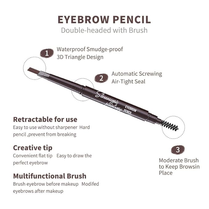 Berinist 12pcs Dark Brown Waterproof Eyebrow Pencils for Women, Retractable Dual-End Eye Brow Pencil with Brush, Triangular Tip Design, Easier to Define and Fill in Eyebrows for Natural Brow Shape