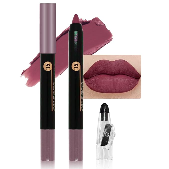 Purple Brown Matte Lip Liner Crayon with Sharpener - Waterproof Smudgeproof Long-Wear Lip Pencil, Creamy Pigmented Lip Crayon for Women, 12HR Stay Silky Velvet Lip Liner 15#