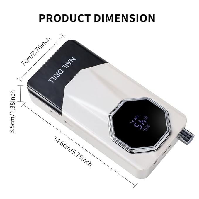 ANRLO Professional Electric Nail Drill, 45000 RPM Cordless Rechargeable E-File Machine, with 12 Bits, Sanding Bands, LCD Display for Acrylic Gel Nails (DMJ-V11-White-USB)