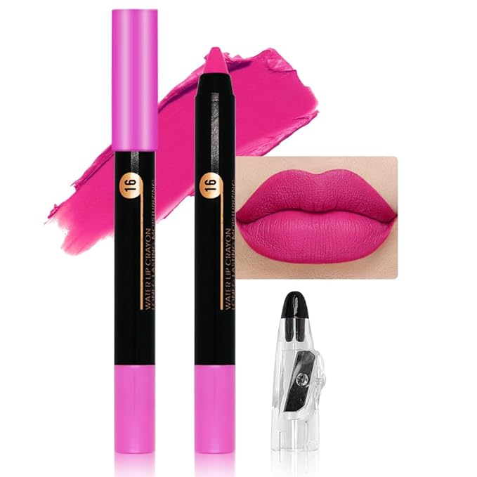 Dazzling Pink Matte Lip Liner Crayon with Sharpener - Waterproof Smudgeproof Long-Wear Lip Pencil, Creamy Pigmented Lip Crayon for Women, 12HR Stay Silky Velvet Lip Liner 16#