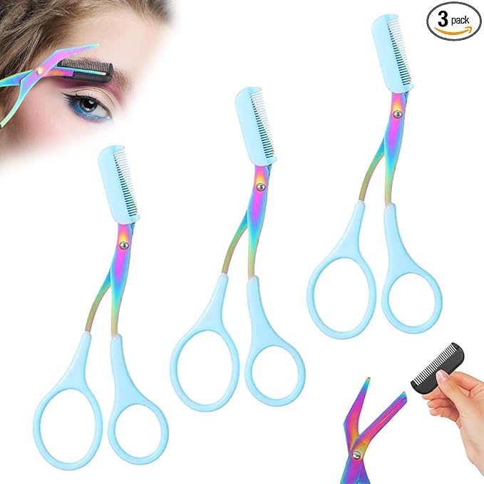 2 in 1 Eyebrow Scissors with Comb, Precision Stainless Steel Eyebrow Trimmer Cutter, Non-Slip Grooming Scissors for Men & Women, Portable Facial Hair Removal Makeup Tool (Blue, 3Pcs)