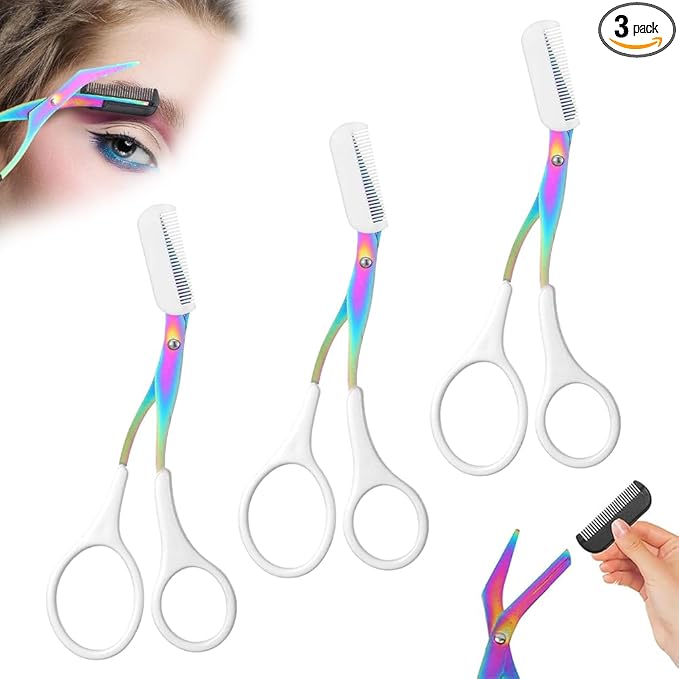 2 in 1 Eyebrow Scissors with Comb, Precision Stainless Steel Eyebrow Trimmer Cutter, Non-Slip Grooming Scissors for Men & Women, Portable Facial Hair Removal Makeup Tool (White, 3Pcs)