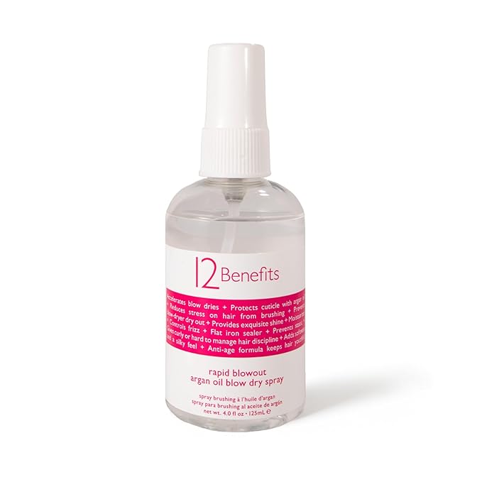 12 Benefits RAPID BLOWOUT ARGAN OIL SPRAY - Cut Blow Dry Time by 40% - Heat Protectant, Nourishes, Smooths Frizz, Adds Shine & Softens Damaged Hair, 4 Fl Oz