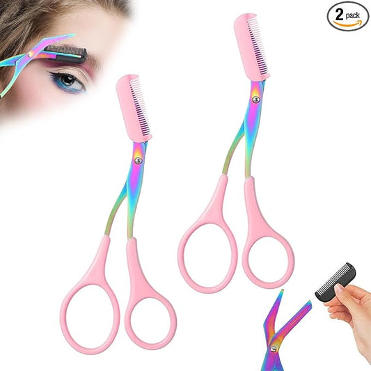 2 in 1 Eyebrow Scissors with Comb, Precision Stainless Steel Eyebrow Trimmer Cutter, Non-Slip Grooming Scissors for Men & Women, Portable Facial Hair Removal Makeup Tool (Pink, 2Pcs)