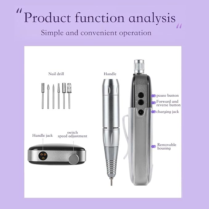 ANRLO Professional Electric Nail Drill, 45000 RPM Cordless Rechargeable E-File Machine, with 12 Bits, Sanding Bands, LCD Display for Acrylic Gel Nails (DMJ-BLY-P30-Black)