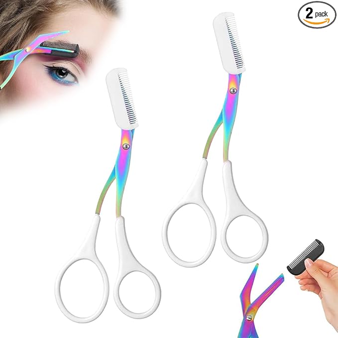 2 in 1 Eyebrow Scissors with Comb, Precision Stainless Steel Eyebrow Trimmer Cutter, Non-Slip Grooming Scissors for Men & Women, Portable Facial Hair Removal Makeup Tool (White, 2Pcs)