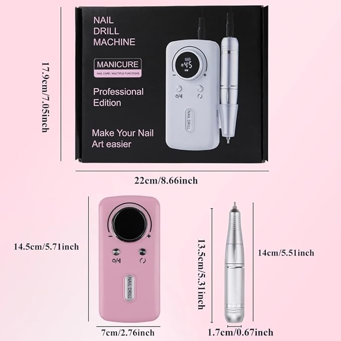 ANRLO Professional Electric Nail Drill, 45000 RPM Cordless Rechargeable E-File Machine, with 12 Bits, Sanding Bands, LCD Display for Acrylic Gel Nails (DMJ-V1-Pink)