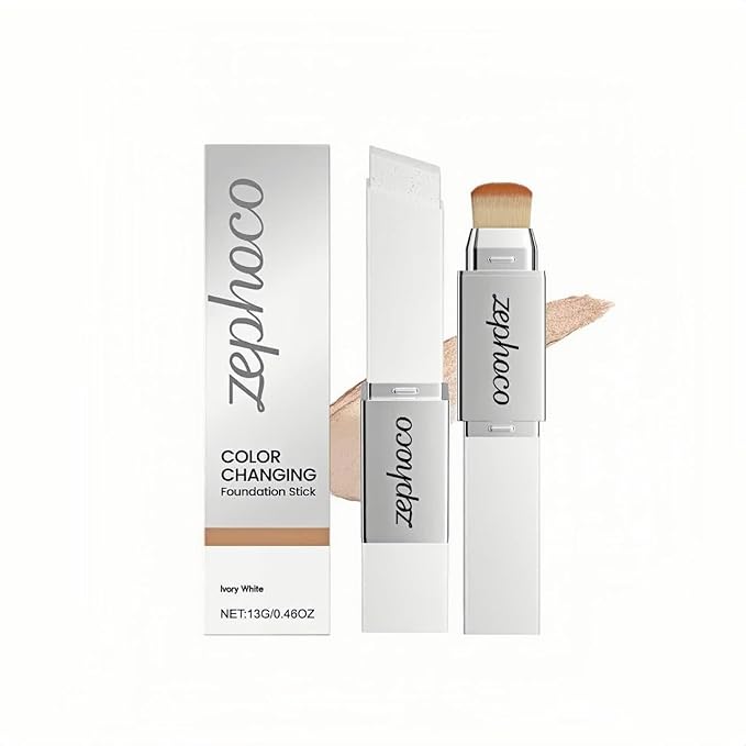 Color Changing Foundation Stick, Medium to Full Coverage Dewy Finish Base Makeup, Dual-Ended with Soft Brush for Flawless Look, Portable & Travel-Friendly (Ivory White)