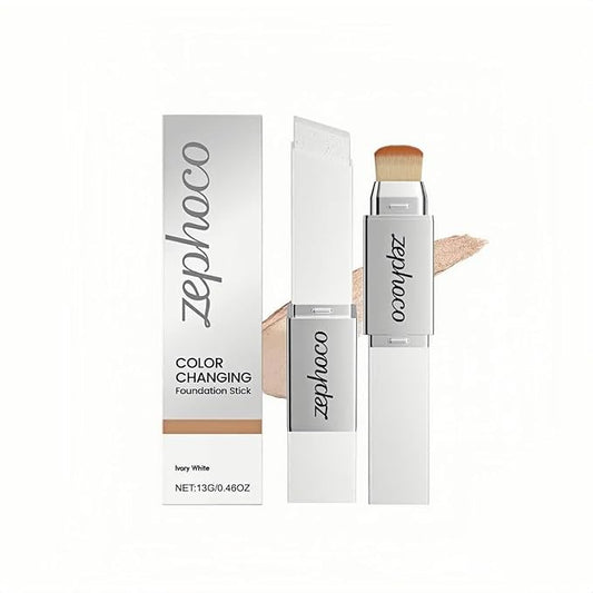 Color Changing Foundation Stick, Medium to Full Coverage Dewy Finish Base Makeup, Dual-Ended with Soft Brush for Flawless Look, Portable & Travel-Friendly (Ivory White)